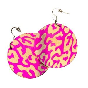 Leopard wooden fish hook earrings! HOT Pink